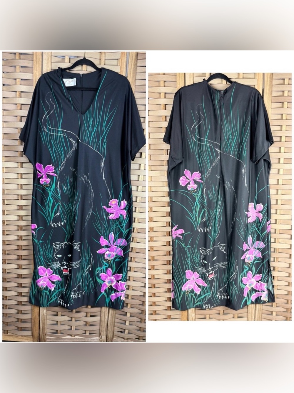 VTG 70s Kaftan Nightgown Swimsuit Cover Up Tropical Floral Jungle Black Panther